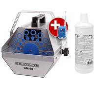 Máquina de Burbujas Showlite BM-60 60W con mando por radio, tanque 0,6L (2-3h duración), incluye 1L fluido Eurolite, efecto fiesta, burbujas para discoteca, color plateado.