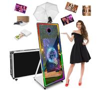 Máquina de cabina de fotos con espejo mágico de 65 pulgadas con visualización táctil de 32 pulgadas, luz de relleno RGB, paraguas de luz flash, funda de vuelo, máquina de fotobooth profesional para