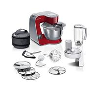 Máquina de cocina Bosch serie 4 MUM5X720, báscula integrada, cuenco de acero inoxidable de 3,9 L, batidora de 1,25 L, gancho para masa profesional, agitador planetario, batidor, cortador continuo, 1000 W, rojo oscuro/plateado