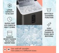 Klarstein Maquina de Hielo Pequeña, Maquina de Hacer Hielo de Sobremesa para el Hogar y la Cocina, Capacidad de 1,5L, Funcionamiento Rápido, 12kg Hielos Grandes y Pequeños, Ice Maker Autolimpiable