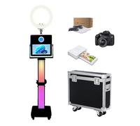 Máquina de fotomatón de 15.6 pulgadas con anillo de luz para selfie, pantalla táctil portátil con luz RGB, estación de fotos compartida con funda de vuelo para eventos (negro, máquina + cámara + mini