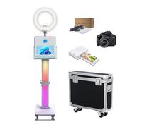 Máquina de fotomatón de 15.6 pulgadas con anillo de luz para selfie, pantalla táctil portátil con luz RGB, estación de fotos compartida con funda de vuelo para eventos (blanco, máquina + cámara + mini