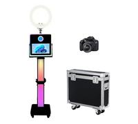 Máquina de fotomatón de 15.6 pulgadas con anillo de luz para selfie, pantalla táctil portátil con luz RGB, estación de fotos compartida con funda de vuelo para eventos (negro, máquina + cámara)