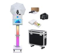 Máquina de fotomatón de 15.6 pulgadas con paraguas de luz suave para selfie, pantalla táctil portátil con luz RGB, estación de fotos para compartir eventos (blanco, máquina + cámara + mini impresora)