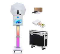 Máquina de fotomatón de 15.6 pulgadas con paraguas de luz suave para selfie, pantalla táctil portátil con luz RGB, estación de fotos para compartir eventos (blanco, máquina + mini impresora)