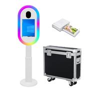 Máquina de fotomatón de espejo con pantalla táctil de 13.3 pulgadas con funda de vuelo, mini PC integrado, luz RGB para fiestas, eventos, alquiler de bodas (blanco, máquina + mini impresora)