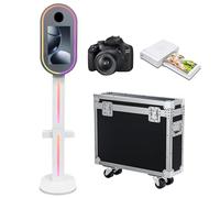 Máquina de fotomatón de espejo con pantalla táctil de 15.6 pulgadas con estuche de vuelo, luz RGB para fiestas, eventos, alquiler de bodas (blanco, máquina+cámara+mini impresora)