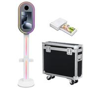 Máquina de fotomatón de espejo con pantalla táctil de 15.6 pulgadas con estuche de vuelo, luz RGB para fiestas, eventos, alquiler de bodas (blanco, máquina + mini impresora)