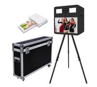 Máquina de fotomatón portátil con pantalla táctil, máquina de cabina de fotos con anillo de luz RGB, ideal para bodas, fiestas y eventos de alquiler (negro C, máquina + mini impresora)