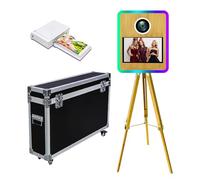 Máquina de fotomatón portátil con pantalla táctil, máquina de cabina de fotos con anillo de luz RGB, ideal para bodas, fiestas y eventos de alquiler (madera A, máquina + mini impresora)