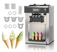 Máquina de helado comercial de 2200 W, 20 - 28 l/h, Independiente con 3 sabores, 2 recipientes de acero inoxidable de 6 L, panel LCD, limpieza automática