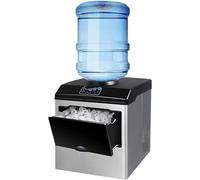 Máquina de hielo de sobremesa con dispensador de agua incorporado, de acero inoxidable, produce hielo en forma de bala, genera 25 kg de hielo cada 24 horas e incluye cesta de almacenamiento.