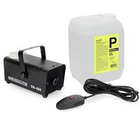Máquina de humo Showlite SN-400 400W con mando, fluido incluido. Calienta en 3 min, humo 40m³/min, alcance 3,5m, capacidad 5L. Color negro.