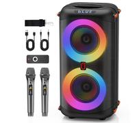 Máquina de karaoke con 2 micrófonos inalámbricos, altavoz de karaoke Bluetooth portátil para adultos, sistema PA de fiesta grande con luces Dicso y subwoofers de escenario dobles de 6.5 pulgadas para