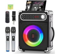 Máquina de Karaoke con 2 micrófonos inalámbricos, Altavoz portátil Bluetooth 5.3 con Luces LED, Ajuste de Graves y Agudos, Sistema de PA con Control Remoto, Compatible con FM/AUX/USB/TF