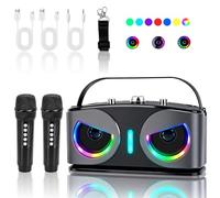 Máquina de Karaoke, con 2 Micrófonos Inalámbricos, Bluetooth 5.3 Sistema de Karaoke Portátil con Luces LED para Fiesta en Casa, al Aire Libre y Boda, Soporta TWS/TF Card/USB/AUX (Negro)