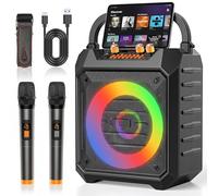 Máquina de karaoke portátil con 2 micrófonos inalámbricos, altavoz de karaoke Bluetooth con sistema PA para adultos, fiestas, uso doméstico, compatible con BT/TF/USB/AUX/FM, grabación, luces LED