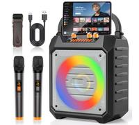 Máquina de karaoke portátil con 2 micrófonos inalámbricos, altavoz de karaoke Bluetooth con sistema PA para adultos, fiestas, uso doméstico, compatible con BT/TF/USB/AUX/FM, grabación, luces LED