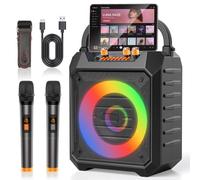 Máquina de karaoke portátil con 2 micrófonos inalámbricos, altavoz de karaoke Bluetooth con sistema PA para adultos, fiestas, uso doméstico, compatible con BT/TF/USB/AUX/FM, grabación, luces LED