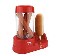 Máquina de perritos calientes de la marca Jocca en color rojo con capacidad para cocinar 6 salchichas al vapor en un compartimento extraíble y barra de acero inoxidable para calentar el pan