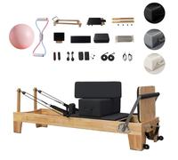 Máquina de Pilates Reformer con Pelota de Yoga y Bandas de Resistencia - Equipo de Gimnasio doméstico de Madera de Caucho Resistente, soporta 200 kg (Negro)