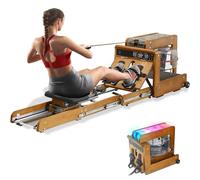 Máquina de remo de agua para gimnasio en casa, remo plegable de madera de roble con pantalla inteligente, iluminación LED de estado de ánimo, pedales ajustables, tanque de agua grande y sistema de