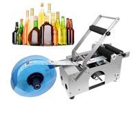 Máquina etiquetadora semiautomática de botellas redondas, diámetro ajustable para mascotas, botellas de vidrio y metal, etiquetado eficiente con barra de presión y rodillo de goma
