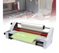 Máquina laminadora con control electrónico de temperatura, cuatro rodillos calientes y fríos para laminación a una o dos caras de papel A3/A4.