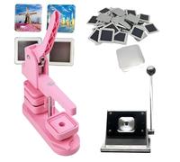 Máquina para Hacer imanes de Fotos Cuadrados para el refrigerador de 50 x 50 mm, con 100 Juegos de consumibles + máquina cortadora de Papel, Kit de máquina para presionar Botones Pink