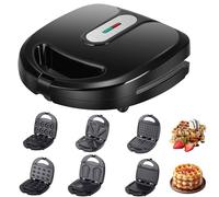 Máquina para hacer parrilladas 6 en 1, mini máquina para hacer donas con calentamiento por ambos lados y sartén antiadherente, 6 bandejas para hornear y luces indicadoras, tostadora de sándwiches de