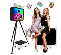 Máquina portátil para fotomatón con pantalla táctil de 15.6 pulgadas, incluye soporte para impresora, altura ajustable, mini PC integrado, luz RGB, funda de vuelo para fiestas, bodas, eventos (negro