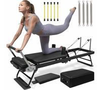 Máquina reformadora de pilates, plegable con tabla de salto, doble resistencia, 4 resortes, diseño mejorado para yoga en casa, soporta hasta 330 libras