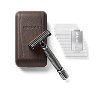 Maquinilla de afeitar clásica en estuche de cuero hecho a mano [+ 10 hojas Störtebekker] - Cuchilla de afeitar de primera calidad - Set de afeitado con espejo integrado (Negro - Café)