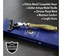Maquinilla Mach3 para hombre con mango dorado antiguo inspirado en oro | Perfecto para afeitado en húmedo y uso diario > Regalo para él