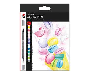 Marabu 0145000000105 Aqua Pen Graphix, Ice Ice Baby - Rotuladores de acuarela (12 colores, colores brillantes, tinta a base de agua, punta doble, acuarela sobre papel de acuarela