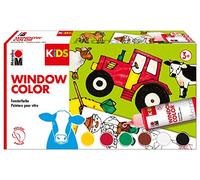 Marabu 0306000000010 - Kids Window Color Farmer con 6 x 80 ml de pintura, página para colorear A3 con 25 motivos y lámina A4, pintura a base de agua, adecuada para vidrio, espejos, azulejos y láminas