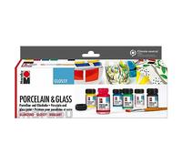 Marabu 1115000000087-Porcelana Starter Set Brillante al Agua para Porcelana y Vidrio, Apta para lavavajillas sin Hornear, 6 x 15 ml de Pintura y Pinceles, Multicolor, One Size