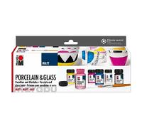 Marabu 1116000000087-Porcelana Starter Set Mate al Agua para Porcelana y Vidrio, Apta para lavavajillas sin Hornear, 6 x 15 ml de Pintura y Pinceles, Multicolor, One Size
