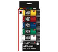 Marabu 12010000000080 Juego de pintura acrílica, 6 x 80 ml en amarillo medio, carmín, azul medio, verde savia, blanco y negro, pintura acrílica cremosa mate a base de agua, de secado rápido y buena