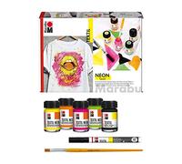 Marabu 1711000000080 - Kit de pintura textil fluorescente brillante para telas claras, brilla en la luz negra, 4 x 15 ml de color neón, 15 ml de pintura textil, rotulador y pincel