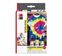 Marabu 17190000000094 Fashion Spray, Tie Dye, Set de pintura en aerosol textil a base de agua, para tejidos claros, fácil fijación, lavable hasta 40 °C, 3 x 100 ml en frambuesa, limón y azul marino