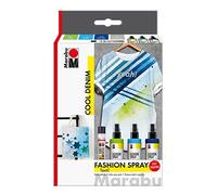 Marabu 1719000000084 - Fashion Spray Cool Denim, pintura en spray para textiles a base de agua, para textiles claros, fácil fijación, lavable hasta 40 °C, 3 x 100 ml de pintura y 25 ml Fashion Liner