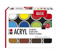 Marabu estuche de pintura acrílica BASIC, 12 x 18 ml colores semimates, fáciles de pintar, de secado rápido, resistentes a la luz y a la intemperie, 1210000000214