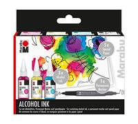 Marabu Juego 3 Cartuchos 20 ml con Alcohol, 1 rotulador Permanente, Papel Especial e Instrucciones (Idioma español no garantizado), Tinta alcohólica para Tipo Fluido, Resina epoxi, carbón, talla única
