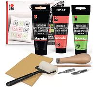Marabu Kit de impresión en bloque - Linocut con 3 x 100 ml de tinta, cortador, bloque de goma y rodillo Brayer Kit de impresión de linóleo, juego de iniciación de 6 piezas, multicolor
