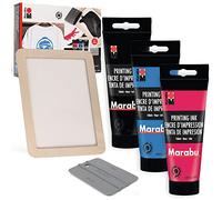 Marabu Kit de serigrafía con marco de madera reutilizable, 1 espátula de serigrafía y 3 tintas de serigrafía de 100 ml, kit de serigrafía para principiantes