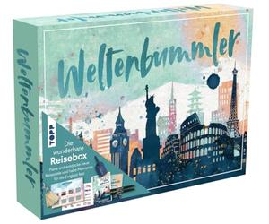 Maravillosa caja de viaje trotamundos: libro con consejos de viaje (DIN A5, 32 páginas), diario de viaje (DIN A5, 128 páginas), 2 bolígrafos con pincel, 12 tarjetas de viaje, 12 colgantes de madera, 2