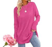 Marayen Tunic Marayen Womens Tunic for Leggings 2025 Women's Fashion Round Neck Solid Loose Long Sleeve Shirt (Rose Red,L)