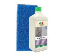 MARBEC KIT POWER DET + TAMPONE BLU Detergente quitamanchas y desincrustante para suelos de gres porcelánico. Elimina suciedad, halos y manchas persistentes, renovando el aspecto del gres.