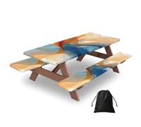 Marble Line - Juego de 3 fundas para mesa de camping con protectores de banco, color azul y naranja, diseño de mármol, elástico, impermeable, rectangular, con bolsa de almacenamiento